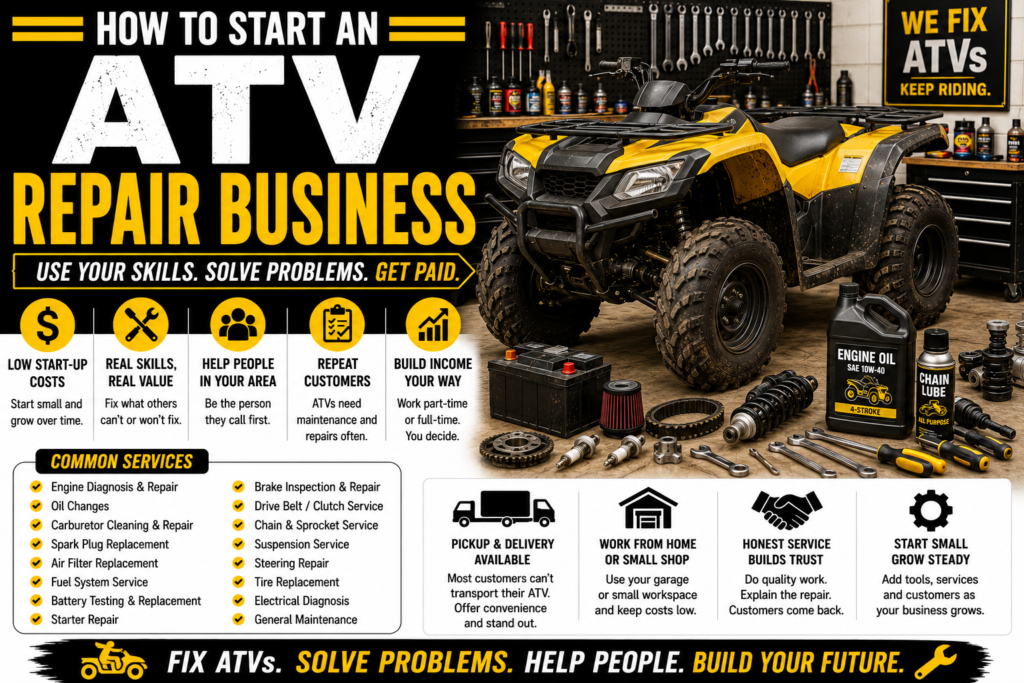 Yellow and black ATV in a repair workshop with tools, engine parts, battery, spark plugs, chain, oil, and repair equipment, illustrating an ATV repair business.