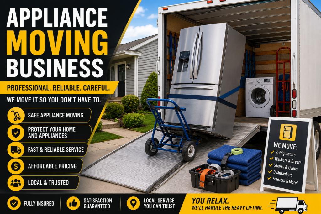Professional appliance moving equipment including a refrigerator secured on an appliance dolly, moving truck, washer, moving blankets, ratchet straps, and tools prepared for safe residential appliance transportation.