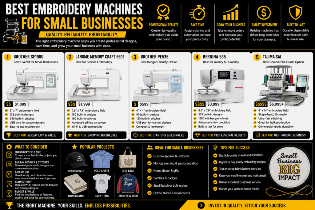 Best embroidery machines for small businesses infographic in black, yellow, and white comparing five embroidery machines by price, embroidery field size, features, ideal business uses, project types, and suitability for beginners, growing businesses, and high-volume operations.