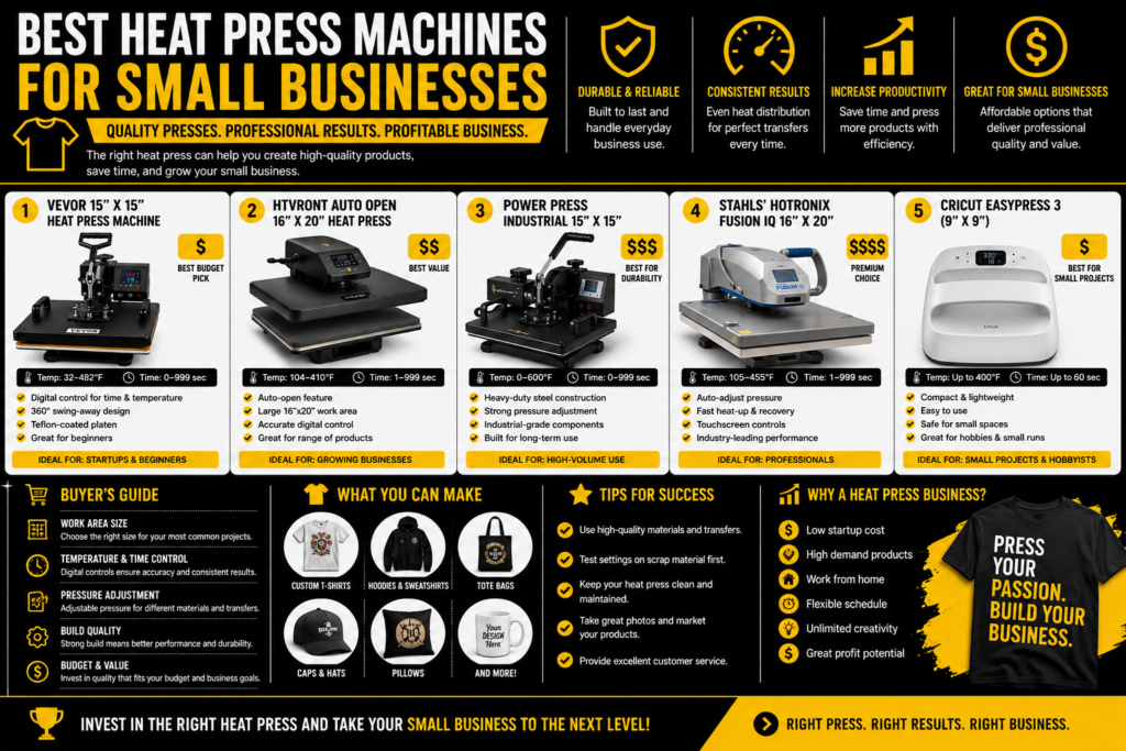 Best heat press machines for small businesses infographic in black, yellow, and white comparing budget, mid-range, industrial, premium, and compact heat presses, with buyer tips, project ideas, and features to consider when choosing a heat press.