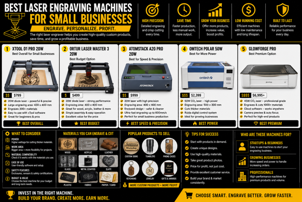 Best laser engraving machines for small businesses infographic in black, yellow, and white comparing five laser engravers by price, power, engraving area, speed, materials, features, ideal business uses, and suitability for beginners, growing businesses, and professional operations.