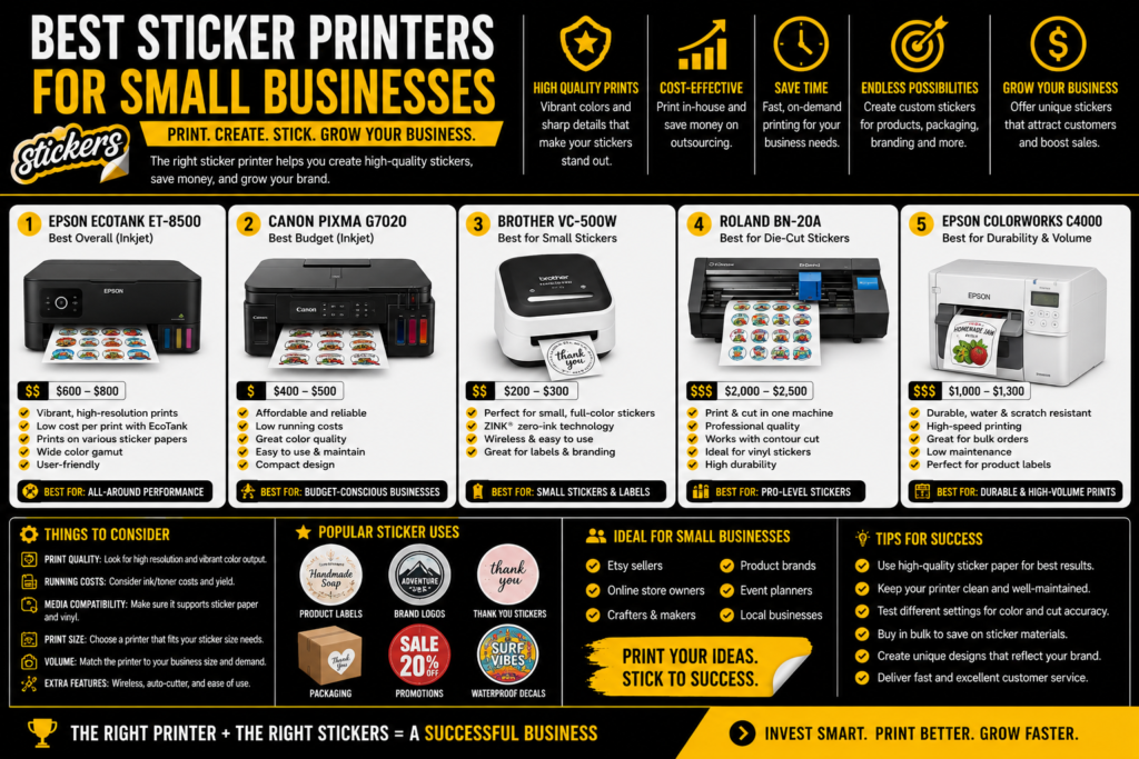 Best sticker printers for small businesses infographic in black, yellow, and white comparing five sticker printers by price, print quality, features, ideal uses, operating costs, and suitability for small sticker businesses.