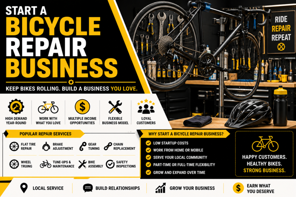 Bicycle repair business infographic showing a bicycle in a professional repair workshop with tools, popular repair services, startup benefits, flexible business options, and opportunities for building a local customer base.