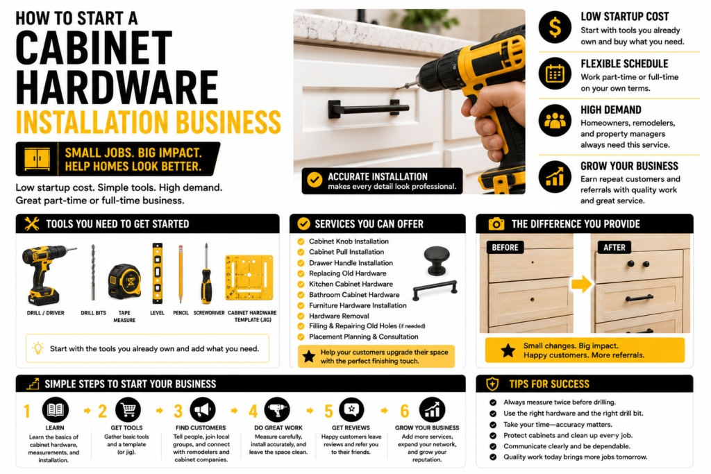 Black, yellow, and white infographic showing how to start a cabinet hardware installation business, including essential tools, cabinet knob and pull installation services, before-and-after results, startup steps, and tips for building a local business.