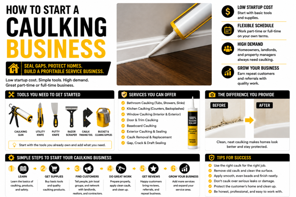 Black, yellow, and white infographic showing how to start a caulking business, including essential tools, caulking services, before-and-after results, startup steps, and tips for finding customers and growing the business.