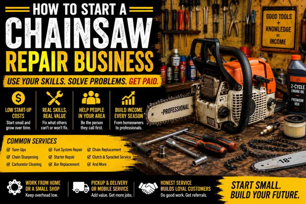 Orange chainsaw on a repair workbench surrounded by hand tools, replacement chains, a guide bar, spark plug, air filter, and small-engine oil.
