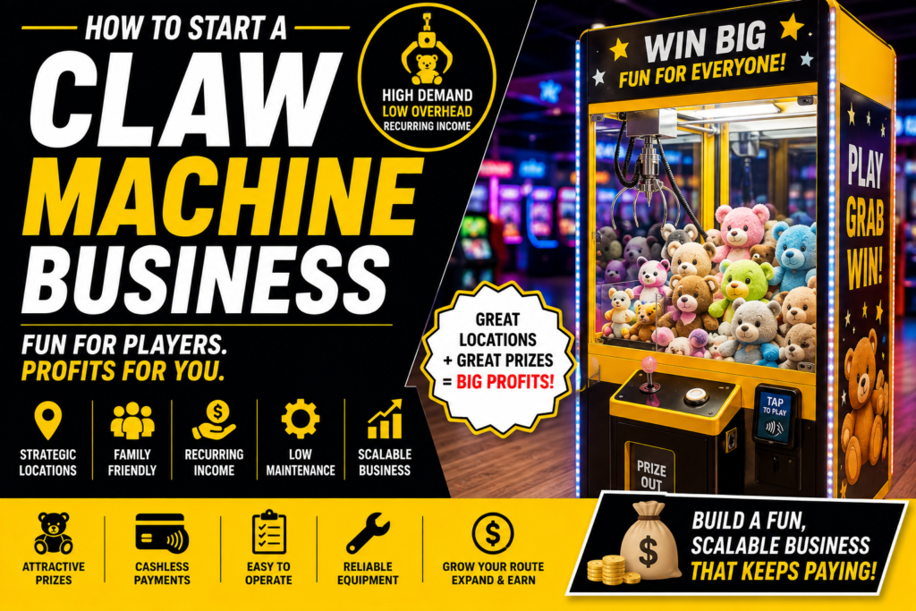 Commercial claw machine filled with colorful plush toys in a black, yellow, and white business guide design highlighting recurring income, strategic locations, attractive prizes, and scalable business growth.