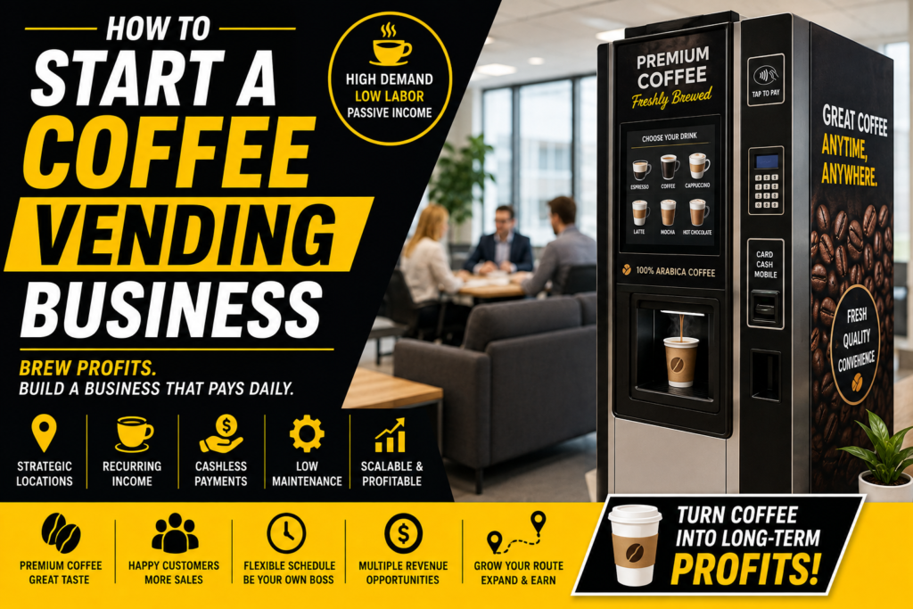 Modern coffee vending machine serving freshly brewed coffee in an office setting with a black, yellow, and white business guide design highlighting recurring income, strategic locations, and scalable growth.