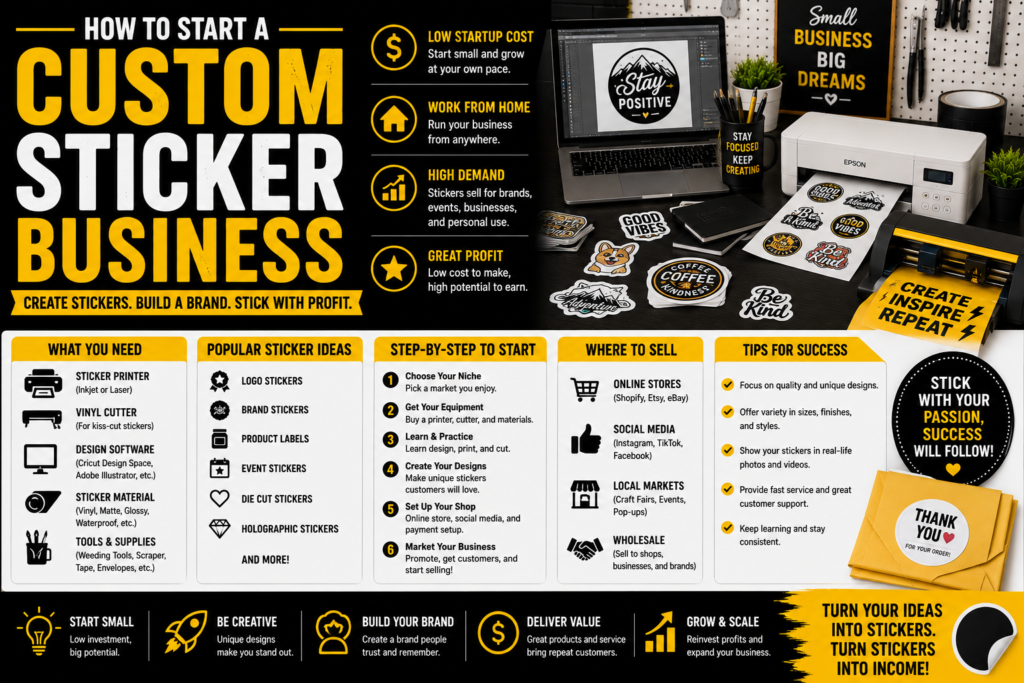 Custom sticker business infographic in black, yellow, and white showing a sticker printer, vinyl cutter, design software, sticker materials, popular sticker products, startup steps, selling options, and tips for building a small custom sticker business.