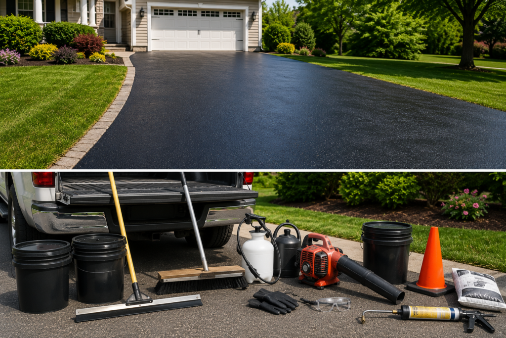 Professional contractor sealing a residential asphalt driveway with a long-handled squeegee while wearing protective gear, viewed from behind.
