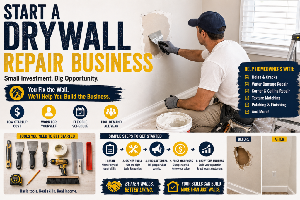 Drywall repair business graphic showing a worker repairing a damaged wall with drywall tools, joint compound, and a drill, with before-and-after wall repair examples.