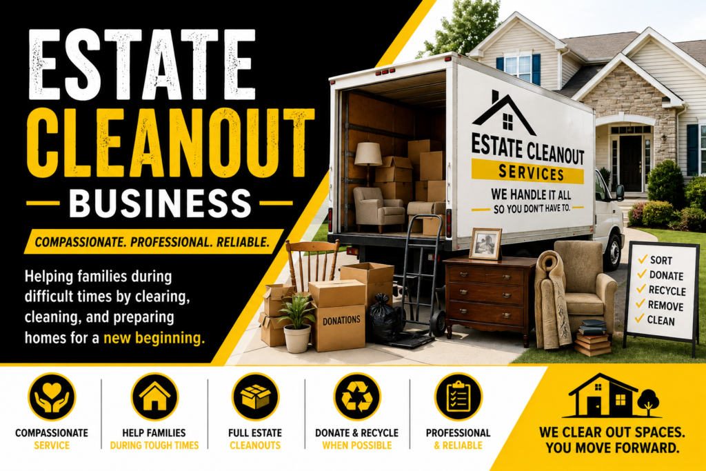 Black, yellow, and white featured image for an estate cleanout business showing a moving truck outside a home with furniture, boxes, donation items, and moving equipment, highlighting professional estate cleanout and property clearing services.