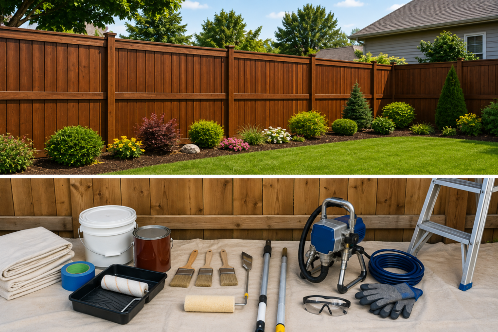 Freshly painted wooden privacy fence surrounding a landscaped backyard with a clean professional finish.