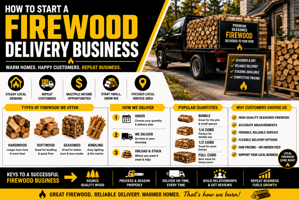 Firewood delivery business infographic showing a delivery truck loaded with seasoned firewood, different types of firewood, delivery options, popular quantities, startup benefits, and strategies for building repeat customers.