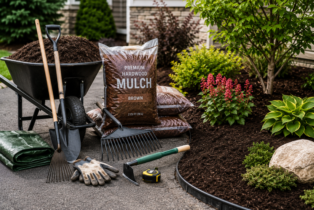 Professional garden mulching tools including a wheelbarrow, shovels, rake, gloves, mulch bags, and landscaping equipment beside a freshly mulched flower bed with shrubs and decorative plants.
