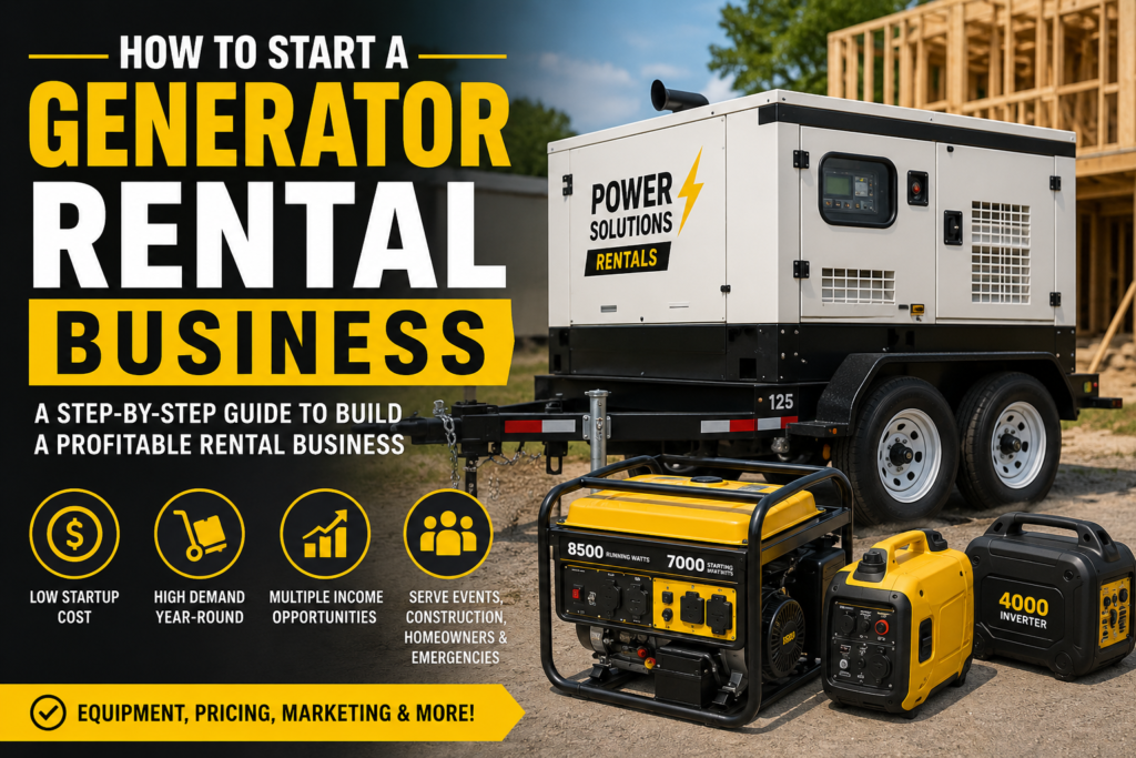 Portable generators and a towable standby generator displayed on a construction site with bold black, yellow, and white text reading "How to Start a Generator Rental Business – A Step-by-Step Guide to Build a Profitable Rental Business." The image highlights low startup costs, year-round demand, multiple income opportunities, and serving construction projects, events, homeowners, and emergency backup power customers.