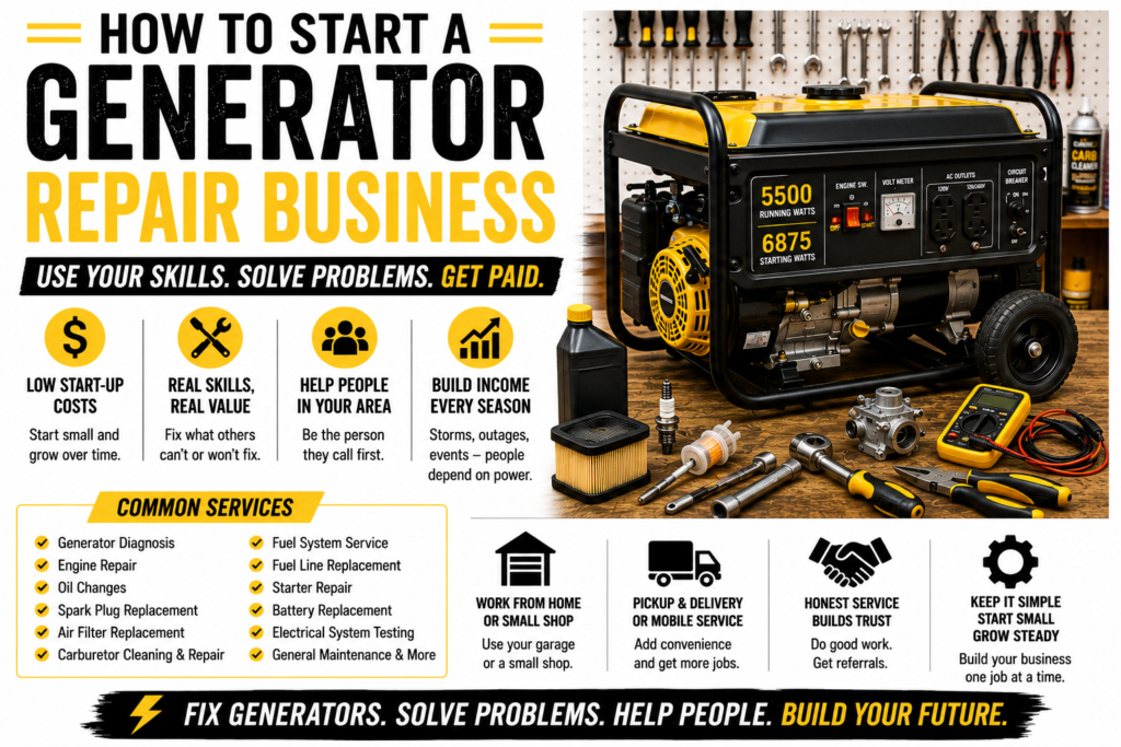 Yellow and black portable generator on a repair workbench with hand tools, spark plug, air filter, fuel filter, carburetor parts, and a multimeter, illustrating a generator repair business.