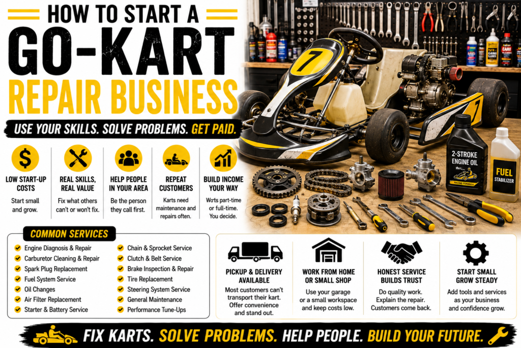 Yellow and black go-kart in a repair workshop surrounded by tools, engine parts, chains, sprockets, tires, and repair supplies, illustrating a go-kart repair business.
