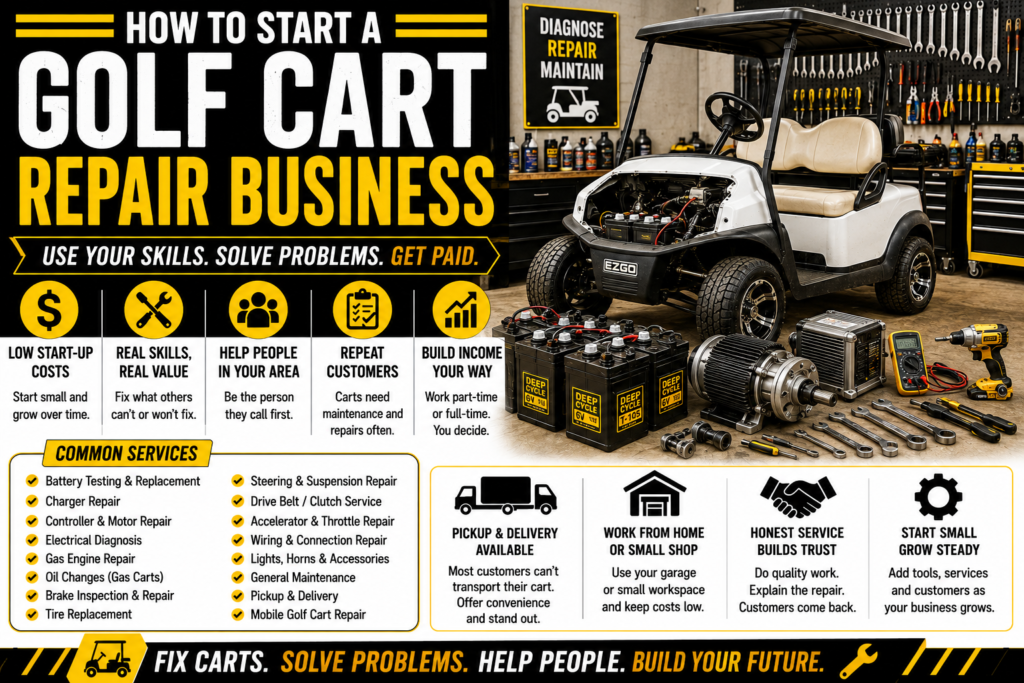 Golf cart in a repair workshop with batteries, motor, tools, and replacement parts, illustrating a golf cart repair business.