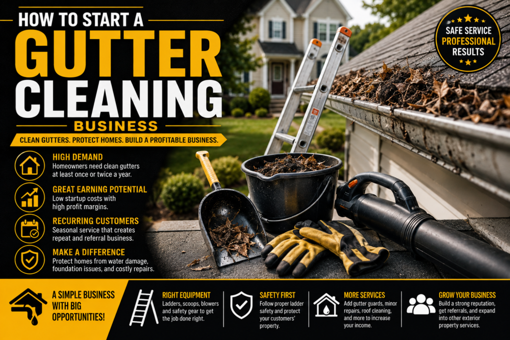 Professional gutter cleaning equipment including extension ladder, leaf blower, gutter scoop, safety gloves, bucket, and cleaning tools arranged for a residential gutter cleaning project.