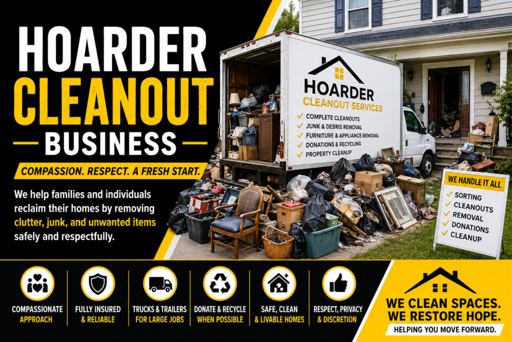 Black, yellow, and white featured image for a hoarder cleanout business showing a cleanup truck outside a cluttered home with bags, boxes, furniture, and debris, highlighting compassionate property cleanout, junk removal, donation, and cleanup services.
