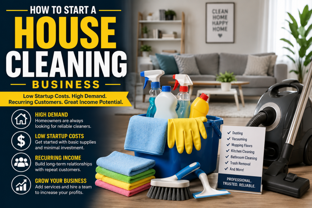 Professional house cleaning supplies including mop, bucket, microfiber cloths, vacuum, spray bottles, gloves, and cleaning products arranged for a residential cleaning project.