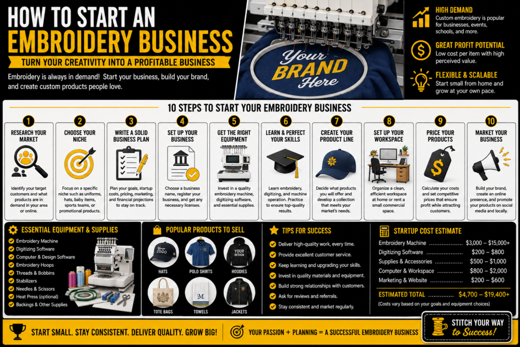 How to start an embroidery business infographic in black, yellow, and white showing an embroidery machine, essential supplies, popular products, startup steps, pricing, marketing, startup costs, and strategies for building a profitable small embroidery business.