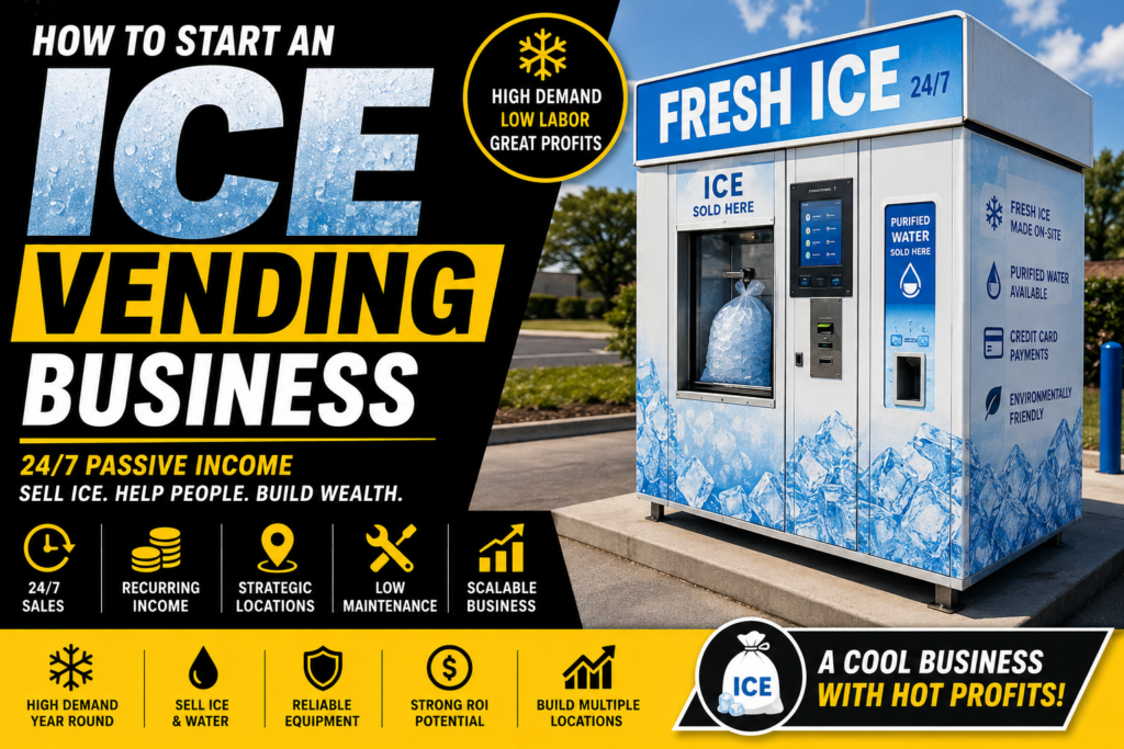 Modern ice vending machine dispensing fresh ice and purified water with a black, yellow, and white business guide design highlighting passive income, recurring revenue, strategic locations, and scalable growth.