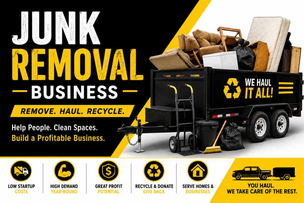 Black, yellow, and white featured image for a junk removal business showing a loaded dump trailer with furniture, appliances, trash bags, moving equipment, and bold text promoting a profitable junk removal service.