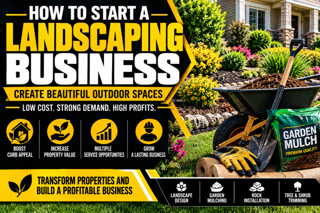 Professional landscaping business graphic featuring landscaped flower beds, decorative rock, mulch, shrubs, wheelbarrow, shovel, gloves, and landscaping tools in a black, yellow, and white design promoting how to start a landscaping business.