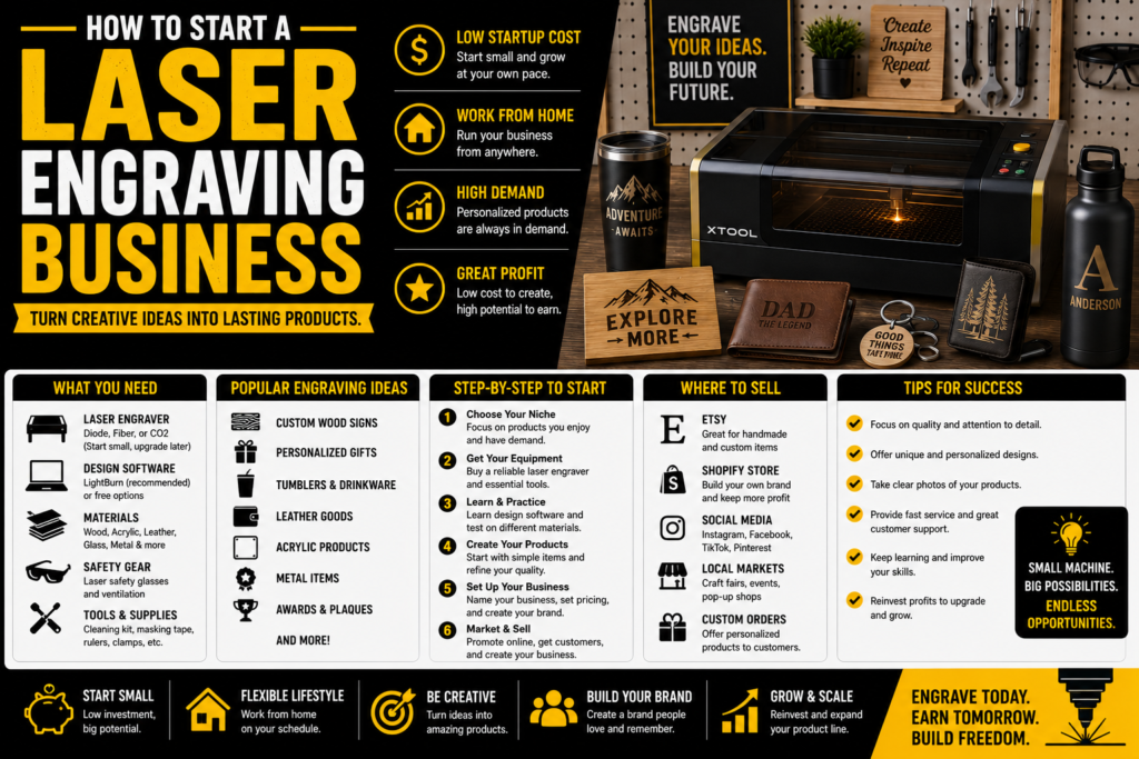 Laser engraving business infographic in black, yellow, and white showing a compact laser engraver, design software, wood, acrylic and leather materials, popular engraved products, startup equipment, selling options, and tips for building a small laser engraving business.