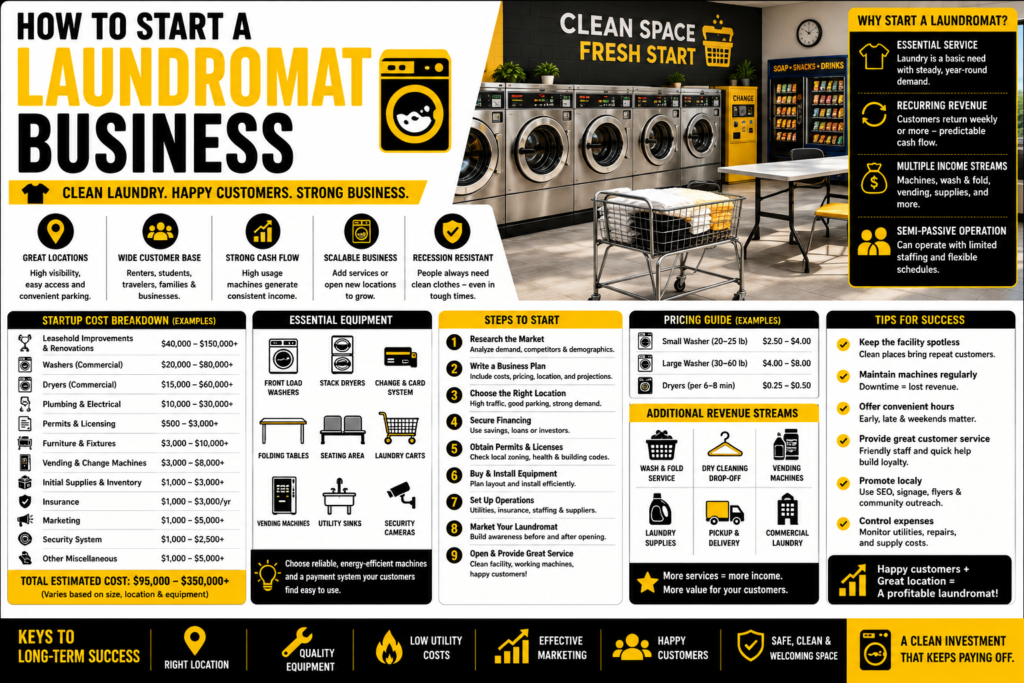 Laundromat business infographic in black, yellow, and white showing commercial washers and dryers, startup costs, essential equipment, steps to start, pricing, additional revenue streams, location factors, and strategies for building a profitable laundromat.