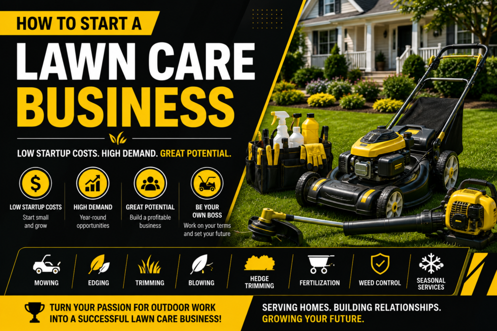 Professional lawn care business graphic featuring a lawn mower, string trimmer, leaf blower, fertilizer spreader, lawn care tools, and a beautifully maintained residential lawn in a black, yellow, and white design promoting how to start a lawn care business.