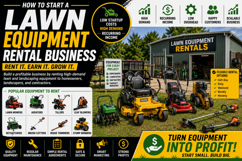Commercial lawn equipment rental business featuring zero-turn mowers, walk-behind mowers, aerators, tillers, leaf blowers, brush cutters, hedge trimmers, and stump grinders in a black, yellow, white, and green business guide design highlighting recurring rental income, seasonal demand, and scalable business growth.