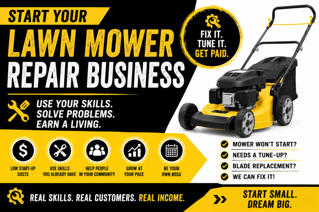 Yellow and black lawn mower with a small gasoline engine, repair tools, and a workbench, illustrating a lawn mower repair business.