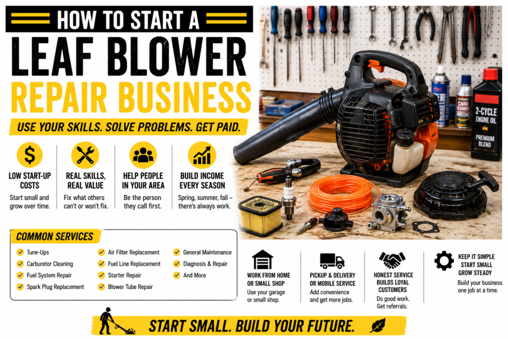 Black and orange leaf blower on a repair workbench with hand tools, spark plug, air filter, fuel line, carburetor parts, and repair supplies.