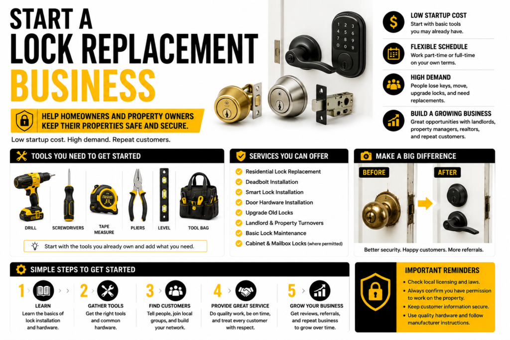 Black, yellow, and white lock replacement business infographic showing residential door locks, a drill, screwdrivers, pliers, level, tape measure, tool bag, lock replacement services, before-and-after results, and steps to start a lock replacement business.