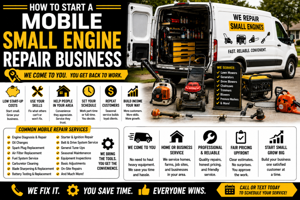 Black, yellow, and white mobile small engine repair business graphic showing a service van, lawn mower, generator, chainsaw, trimmer, repair tools, and mobile repair services.