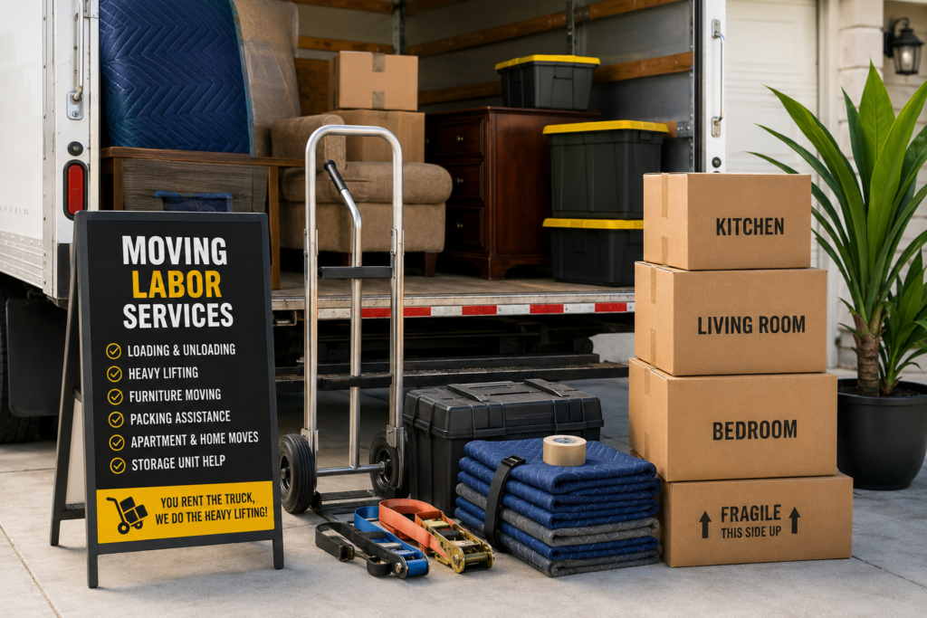 Moving labor business equipment including an open box truck, moving dolly, moving blankets, ratchet straps, labeled moving boxes, and packed household furniture ready for loading and unloading, with no people visible.