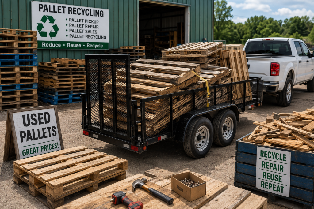 Pickup truck towing a utility trailer loaded with used wooden pallets at a pallet recycling facility with stacked pallets, repair tools, lumber, and recycling equipment, with no people visible.
