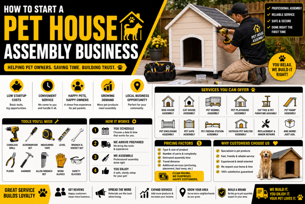 Pet house assembly business infographic in black, yellow, and white showing a professional assembling a dog house, pet house assembly services, essential tools, pricing factors, customer benefits, and business growth opportunities.