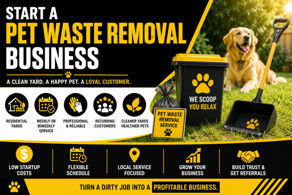 Pet waste removal business infographic showing a dog, waste scooper, pet waste bin, service sign, recurring yard cleanup, and key benefits of starting a pet waste removal business.