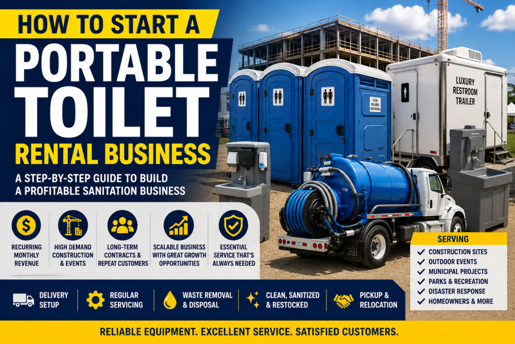 Blue portable toilets, a luxury restroom trailer, handwashing stations, and a vacuum service truck at a construction site with bold blue, yellow, and white text reading "How to Start a Portable Toilet Rental Business." The image promotes a step-by-step guide covering startup costs, recurring revenue, equipment, servicing, waste removal, marketing, and building a profitable portable sanitation rental business
