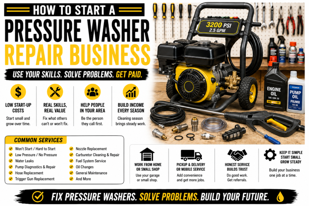 Yellow and black pressure washer on a repair workbench with hoses, spray gun, engine oil, pump oil, fittings, tools, and replacement parts, illustrating a pressure washer repair business.