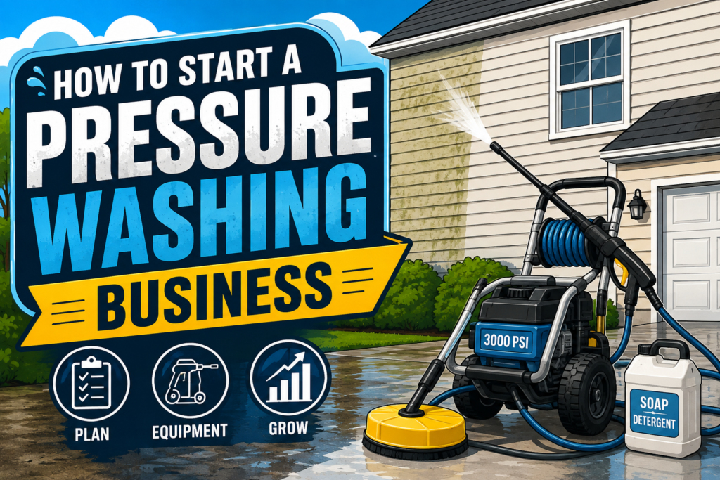 Cartoon-style illustration of a residential pressure washing business setup featuring a pressure washer, surface cleaner, hose, and detergent container cleaning the exterior siding of a house. The image highlights the transformation from dirty to clean siding with bold blue, black, yellow, and white branding for a guide on how to start a pressure washing business. No people are shown.