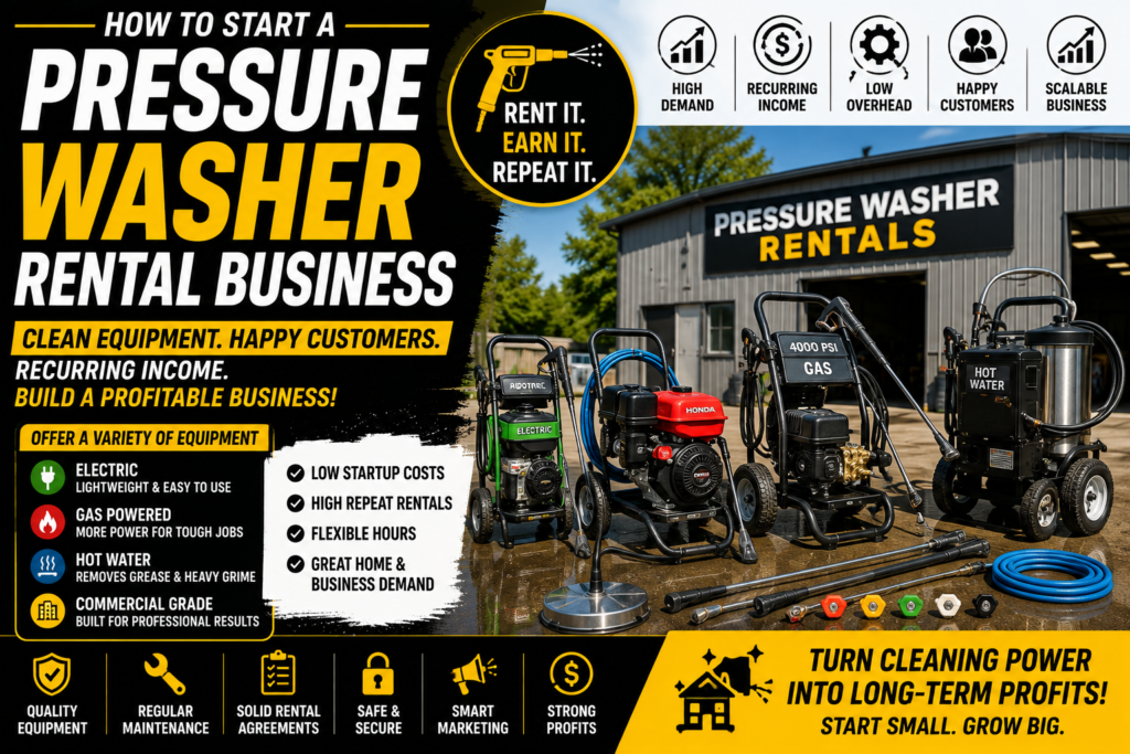 Commercial pressure washer rental business featuring electric, gas-powered, hot water, and commercial pressure washers in a black, yellow, and white business guide design highlighting recurring rental income, professional cleaning equipment, and scalable business growth.
