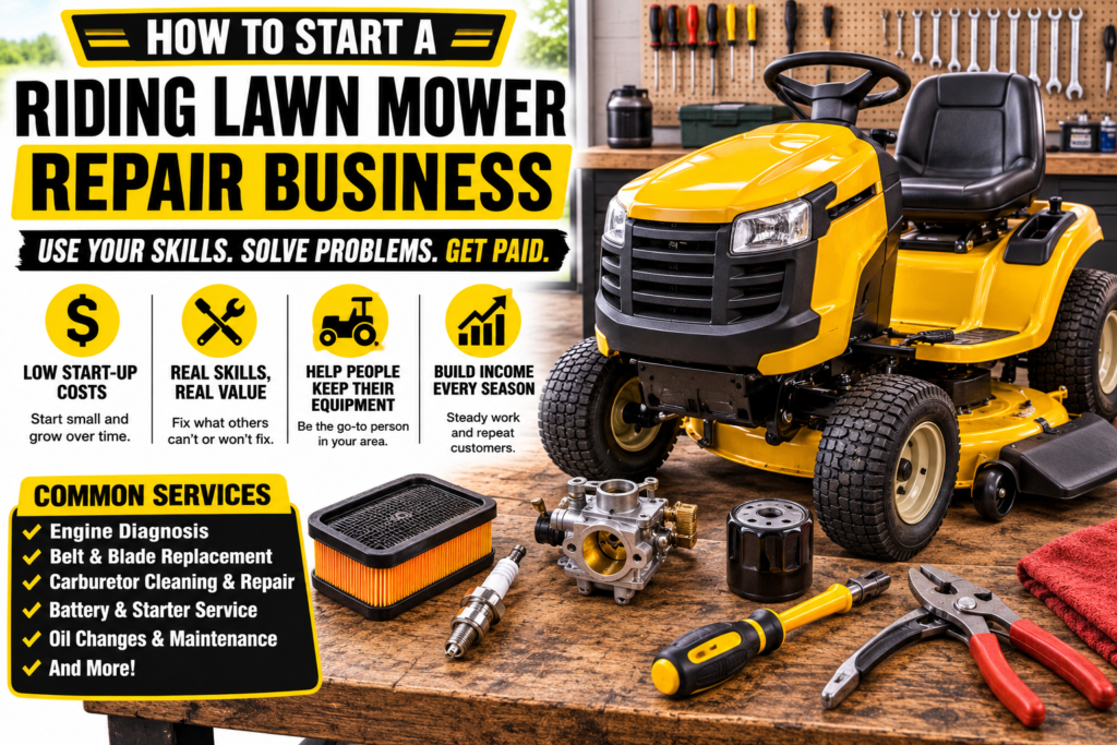 Yellow riding lawn mower in a repair workshop with tools, replacement parts, air filter, carburetor, spark plug, and oil, illustrating a riding lawn mower repair business.