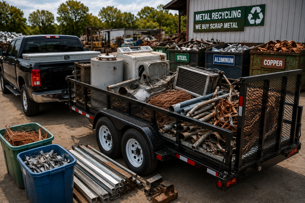 Pickup truck and utility trailer loaded with sorted scrap metal including steel, aluminum, copper, appliances, metal pipes, and recycling equipment prepared for transport to a recycling facility, with no people visible.