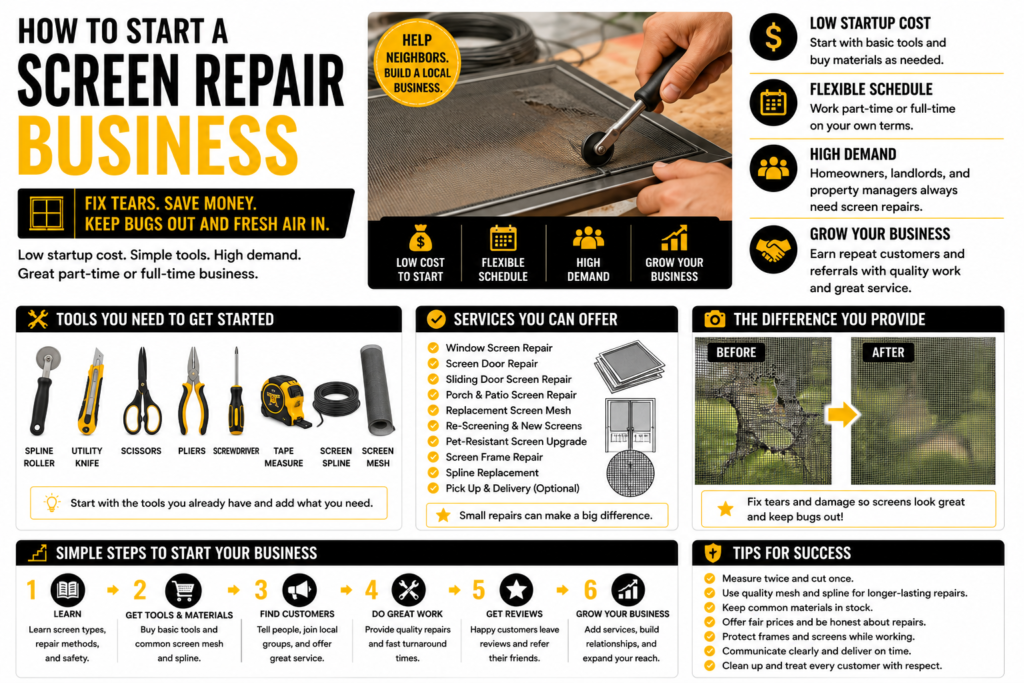 Black, yellow, and white infographic showing how to start a screen repair business, including screen repair tools, window and door screen services, before-and-after repair results, startup steps, and tips for finding customers and growing the business.