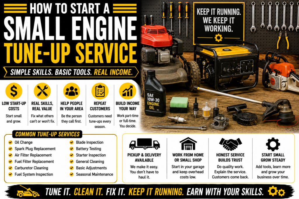 Black, yellow, and white small engine tune-up service infographic showing a lawn mower, generator, chainsaw, tools, engine oil, spark plugs, filters, and common tune-up services
